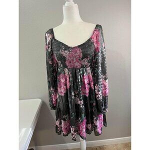 Crystal doll black and pink floral babydoll dress size medium